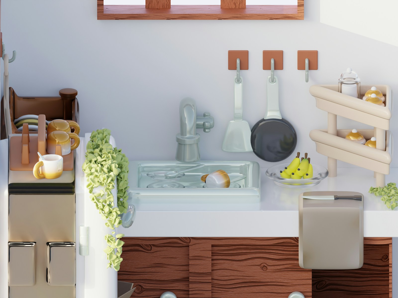 A cozy kitchen sink area with utensils and plants.