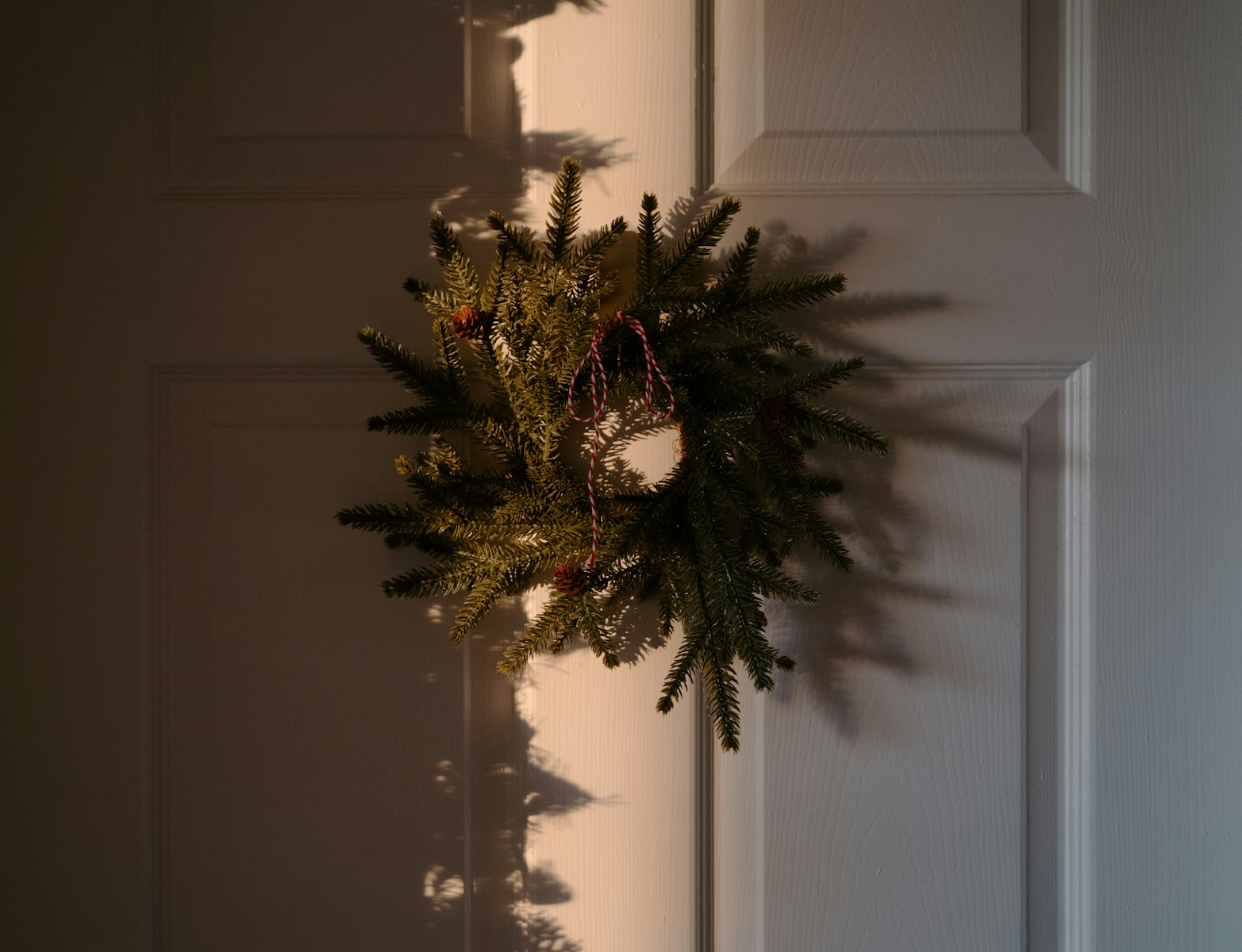 A festive wreath hangs on a white door.